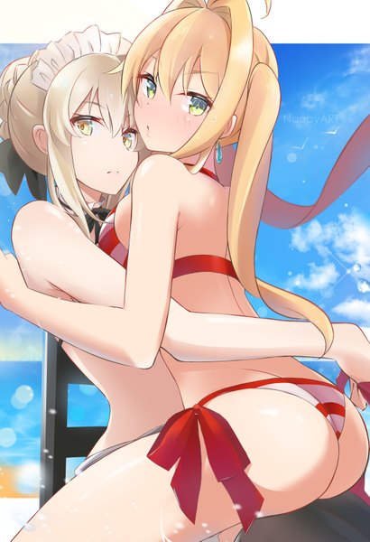 Anime picture 4550x6650 with fate (series) fate/grand order artoria pendragon (all) nero claudius (fate) nero claudius (swimsuit caster) (fate) artoria pendragon (alter swimsuit rider) (fate) naopy long hair tall image looking at viewer blush fringe highres short hair light erotic blonde hair hair between eyes sitting twintails bare shoulders