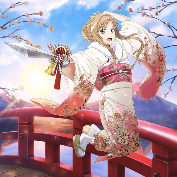 Anime-Bild 1024x1024 mit sword art online a-1 pictures yuuki asuna senristsu type0 single long hair looking at viewer open mouth brown hair holding brown eyes payot sky cloud (clouds) full body outdoors traditional clothes :d japanese clothes sunlight