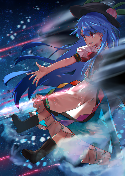 Anime picture 752x1062 with touhou hinanawi tenshi asuzemu single long hair tall image open mouth red eyes blue hair looking away puffy sleeves outstretched arm girl hat bowtie knee boots