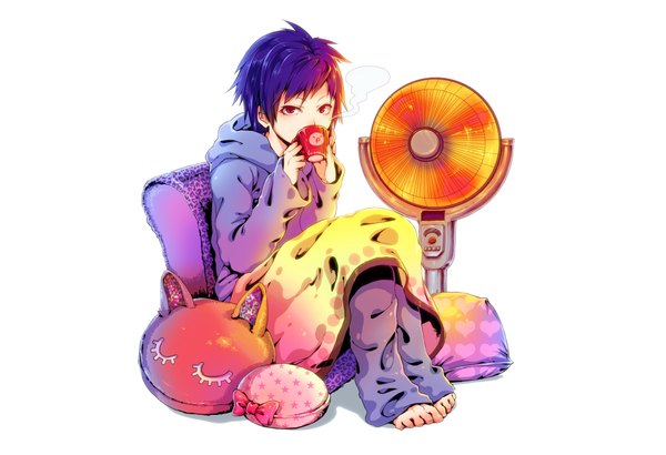 Anime picture 1890x1293 with durarara!! orihara izaya nyagi (artist) highres short hair simple background red eyes white background sitting blue hair barefoot drinking boy pillow pants electric fan