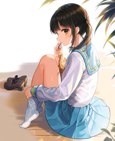 Anime picture 3656x4457 with original tokkyu single long hair tall image looking at viewer blush fringe highres brown hair sitting brown eyes payot absurdres full body bent knee (knees) long sleeves parted lips profile pleated skirt