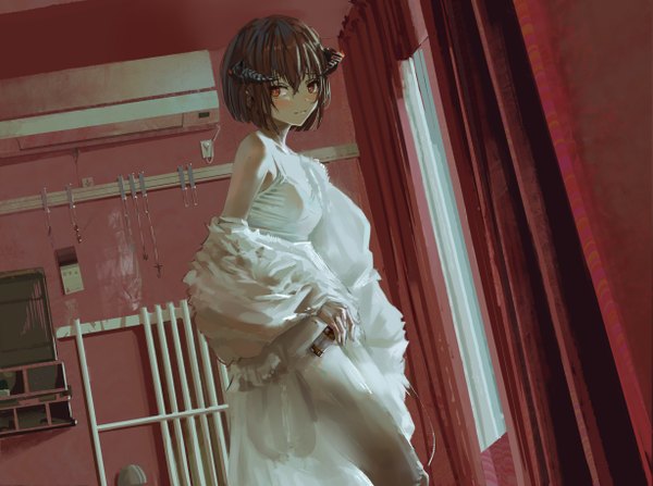 Anime picture 2455x1832 with original tifg39 single blush fringe highres short hair breasts hair between eyes red eyes brown hair standing bare shoulders holding looking away indoors looking back horn (horns) light smile off shoulder