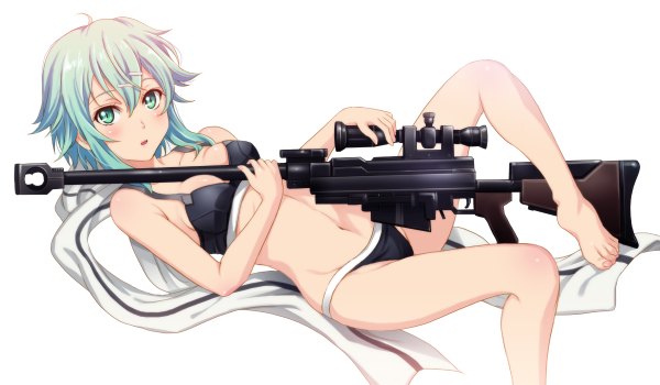 Anime-Bild 1200x700 mit sword art online a-1 pictures asada shino shian (my lonly life.) single looking at viewer blush short hair open mouth blue eyes light erotic wide image white background blue hair bent knee (knees) lying barefoot bare legs bare belly on back