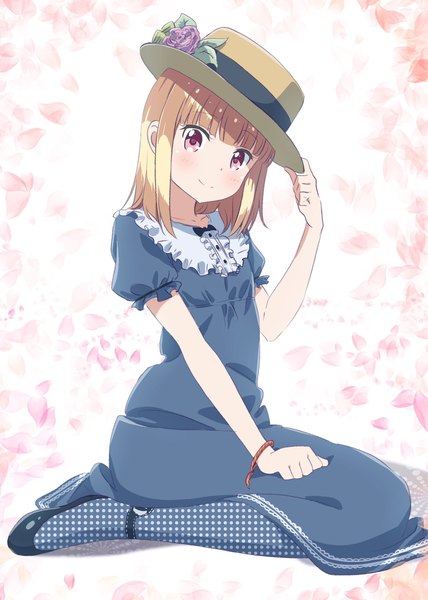 Anime picture 1462x2048 with new game! doga kobo iijima yun pink x single tall image looking at viewer fringe short hair simple background blonde hair smile sitting full body blunt bangs pink eyes short sleeves puffy sleeves polka dot adjusting hat
