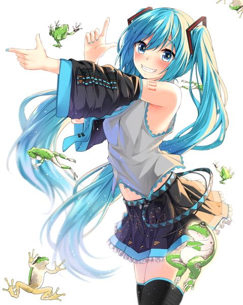 Anime-Bild 1675x2100 mit vocaloid hatsune miku jack dempa single long hair tall image looking at viewer blush fringe breasts simple background smile hair between eyes large breasts standing white background twintails nail polish aqua eyes aqua hair