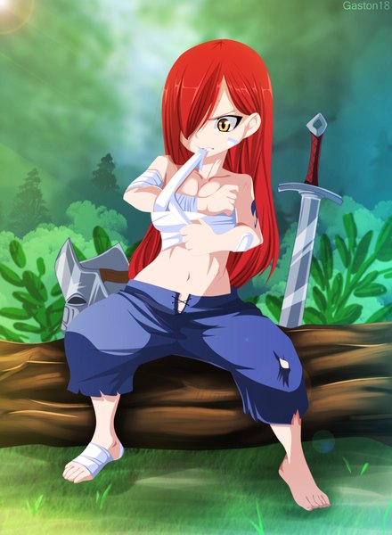 Anime picture 2200x3000 with fairy tail erza scarlet tongasart single long hair tall image fringe highres light erotic brown eyes red hair hair over one eye midriff tattoo mouth hold torn clothes coloring girl navel weapon