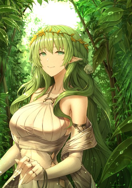 Anime picture 1000x1429 with original limeblock single long hair tall image looking at viewer fringe breasts smile hair between eyes large breasts standing green eyes upper body outdoors braid (braids) hair flower fingernails green hair pointy ears
