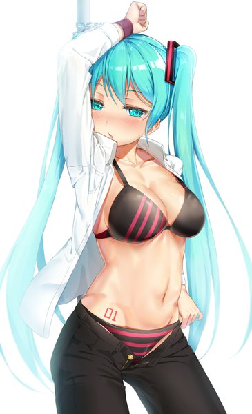 Anime picture 1177x1936 with vocaloid hatsune miku hachinatsu single long hair tall image looking at viewer blush fringe breasts open mouth light erotic simple background standing white background twintails cleavage arm up aqua eyes aqua hair