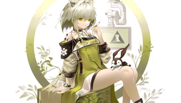 Anime picture 8100x4614 with arknights kal'tsit (arknights) river (river ga) single fringe highres short hair hair between eyes wide image white background sitting green eyes animal ears looking away absurdres silver hair arm support bare legs oripathy lesion (arknights) girl