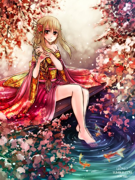 Anime picture 1580x2107 with fairy tail lucy heartfilia leonstar single long hair tall image looking at viewer blush blonde hair sitting signed full body braid (braids) traditional clothes japanese clothes barefoot tattoo single braid soaking feet girl