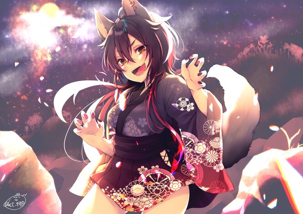 Anime picture 2000x1417 with original chita (ketchup) single long hair looking at viewer blush highres open mouth smile brown hair standing signed animal ears pink hair ahoge tail nail polish traditional clothes :d japanese clothes