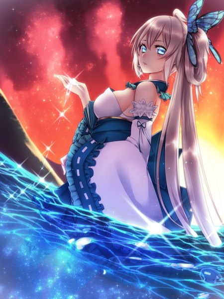 Anime picture 720x960 with phantasy star phantasy star online 2 sega yutazou single long hair tall image looking at viewer fringe breasts blue eyes blonde hair hair between eyes large breasts payot cloud (clouds) ponytail long sleeves traditional clothes parted lips
