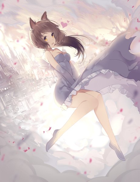 Anime picture 1196x1556 with original ajahweea single long hair tall image looking at viewer fringe breasts open mouth brown hair bare shoulders animal ears yellow eyes cleavage cloud (clouds) bent knee (knees) wind cat ears bare legs cat girl