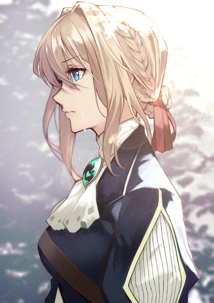 Anime picture 2315x3274 with violet evergarden kyoto animation violet evergarden (character) yoshio (55level) single tall image fringe highres short hair breasts blue eyes blonde hair hair between eyes payot looking away upper body braid (braids) profile tears crying