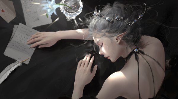 Anime picture 8381x4665 with ghost blade yan (ghost blade) wlop single highres short hair wide image absurdres eyes closed profile from above lips pointy ears grey hair mole mole under eye sleeping girl hair ornament flower (flowers)
