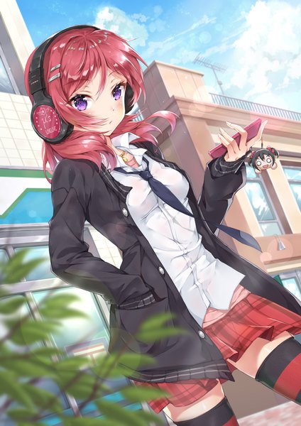 Anime-Bild 2480x3508 mit love live! school idol project love live! school idol festival sunrise (studio) love live! nishikino maki yazawa nico user tugd3234 single tall image looking at viewer highres short hair purple eyes pink hair sky cloud (clouds) pleated skirt zettai ryouiki hand in pocket girl