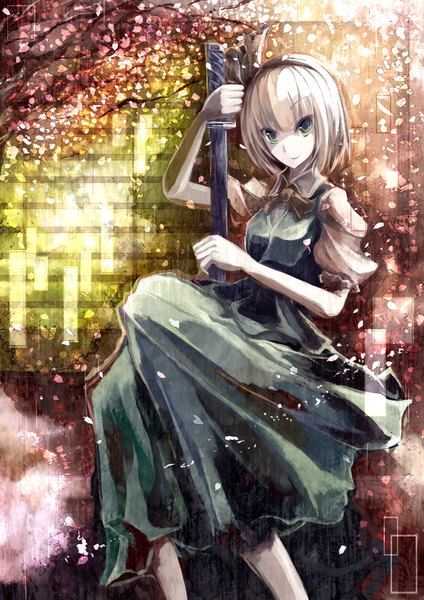 Anime picture 1240x1753 with touhou konpaku youmu ayaya (artist) single tall image short hair smile green eyes silver hair cherry blossoms girl dress petals sword katana