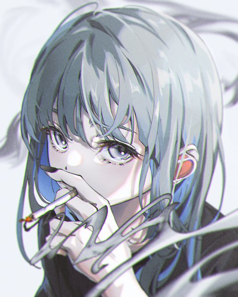 Anime picture 3240x4050 with original natsume hinako single long hair tall image looking at viewer fringe highres simple background hair between eyes absurdres nail polish fingernails blurry aqua hair portrait smoke long fingernails covered mouth black nail polish