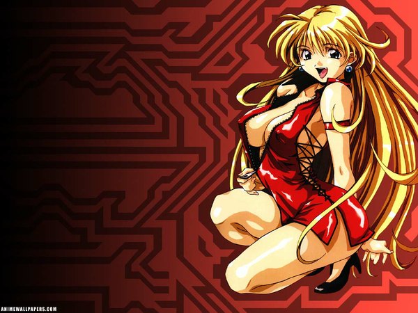 Anime picture 1024x768 with long hair light erotic blonde hair cleavage open clothes open shirt watermark covered nipples girl dress