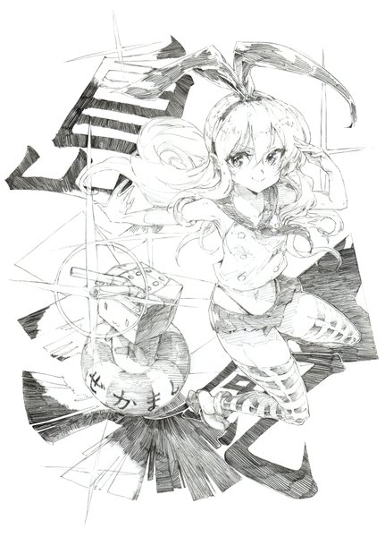 Anime picture 1564x2177 with kantai collection shimakaze destroyer rensouhou-chan oshake long hair tall image looking at viewer simple background white background full body bare belly sparkle monochrome :3 sketch salute girl thighhighs skirt gloves