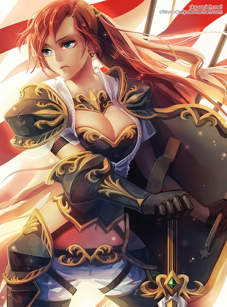 Anime picture 667x900 with original ofskysociety single long hair tall image fringe standing looking away red hair aqua eyes wind bare belly girl gloves navel weapon earrings sword black gloves armor