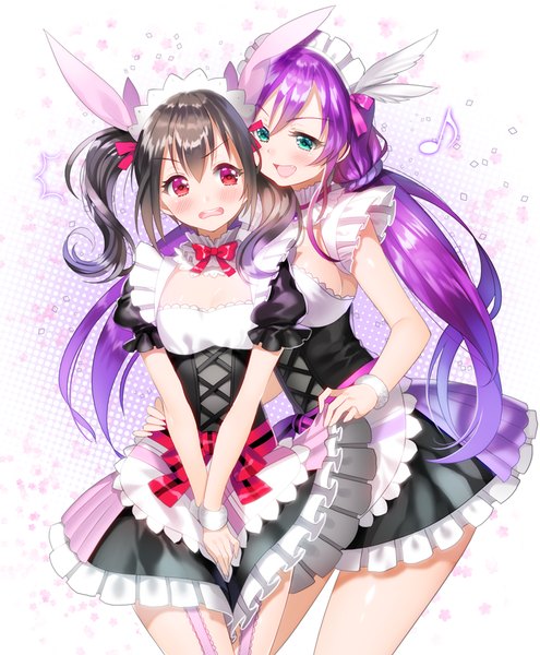 Anime picture 733x888 with love live! school idol project sunrise (studio) love live! yazawa nico toujou nozomi aile (crossroads) long hair tall image blush open mouth black hair red eyes twintails multiple girls looking away purple hair aqua eyes maid embarrassed hug