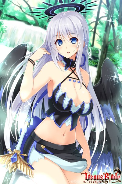 Anime picture 1280x1920 with venus blade hisenkaede single long hair tall image blush breasts open mouth blue eyes light erotic large breasts cleavage white hair midriff girl skirt navel weapon plant (plants) sword