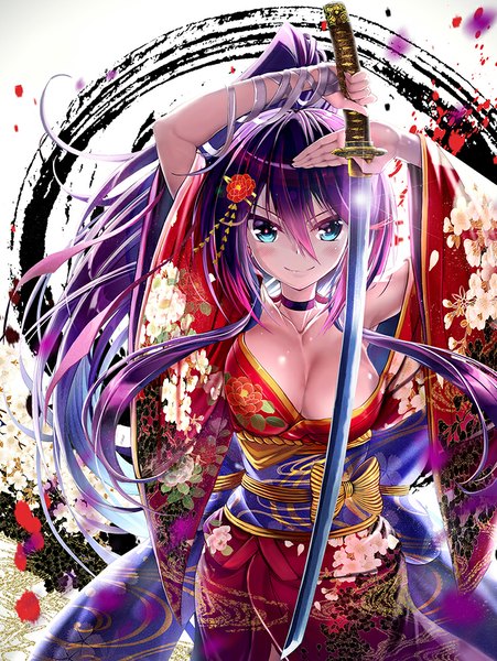 Anime picture 752x1000 with original akabane (zebrasmise) single long hair tall image looking at viewer blush fringe breasts blue eyes light erotic smile holding cleavage purple hair ponytail traditional clothes japanese clothes wide sleeves no bra