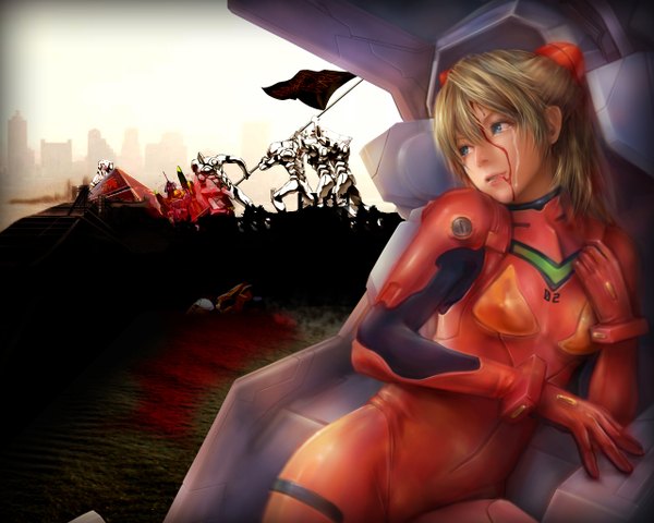 Anime picture 1280x1024 with neon genesis evangelion gainax soryu asuka langley realistic tears blood pilot suit