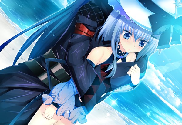 Anime picture 1370x942 with futsuno fantasy short hair blue eyes blue hair game cg hug girl hat detached sleeves