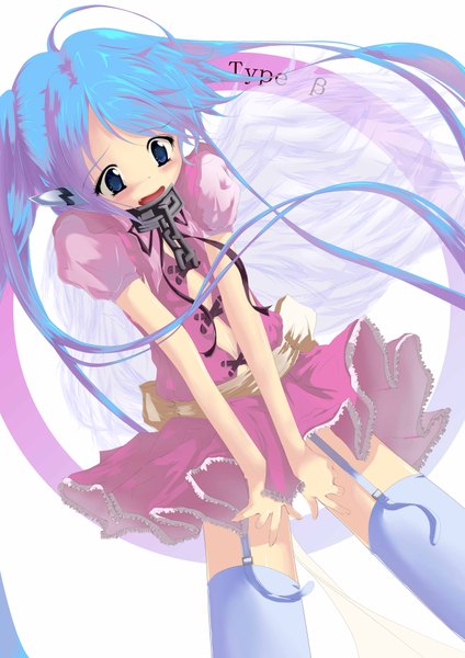 Anime picture 2923x4132 with sora no otoshimono nymph (sora no otoshimono) kobe shioru single tall image blush highres open mouth blue eyes light erotic simple background white background twintails blue hair ahoge very long hair embarrassed puffy sleeves looking down angel wings