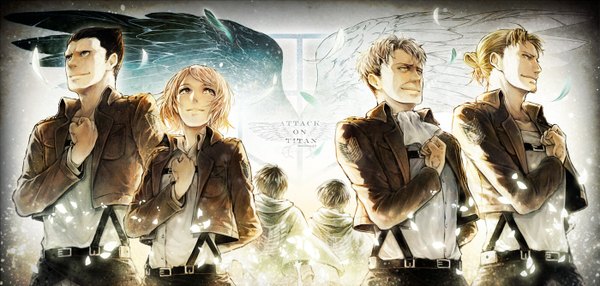 Anime picture 1400x668 with shingeki no kyojin production i.g eren yaeger levi (rivaille) petra ral auruo bossard erd gin gunter shulz ayi short hair blue eyes blonde hair smile brown hair wide image green eyes aqua eyes wind inscription open clothes