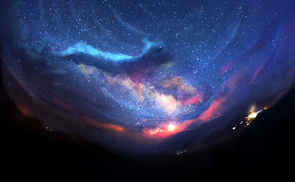 Anime picture 1361x841 with original yuuko wide image sky cloud (clouds) night night sky no people landscape scenic star (stars)