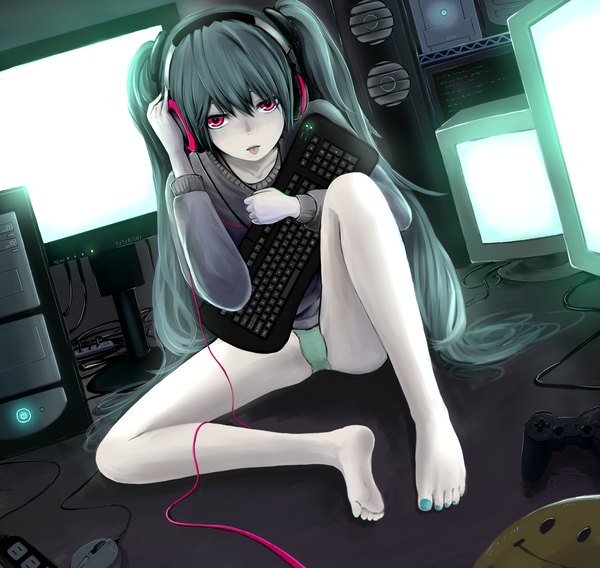 Anime picture 1900x1800 with vocaloid hatsune miku minato (shouno) single long hair highres light erotic twintails nail polish pink eyes barefoot aqua hair girl underwear panties tongue headphones sweater wire (wires) monitor