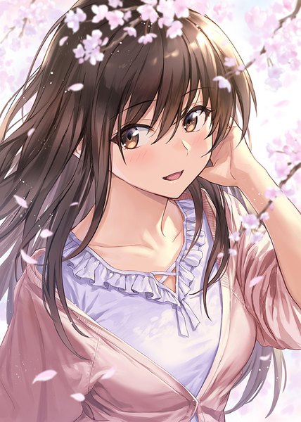 Anime picture 800x1122 with original guchico single long hair tall image blush fringe breasts open mouth smile hair between eyes brown hair brown eyes payot looking away outdoors :d blurry off shoulder cherry blossoms