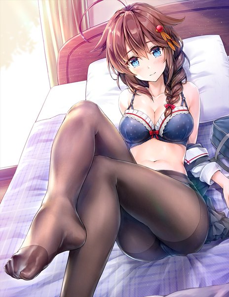 Anime picture 700x905 with kantai collection shigure destroyer kotatsu (kotatsu358) single long hair tall image looking at viewer blush fringe breasts blue eyes light erotic hair between eyes brown hair large breasts bare shoulders payot cleavage ahoge ass