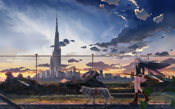 Anime picture 2240x1400 with original sion005 single long hair looking at viewer fringe highres blue eyes holding signed animal ears sky silver hair cloud (clouds) full body bent knee (knees) outdoors tail blunt bangs animal tail