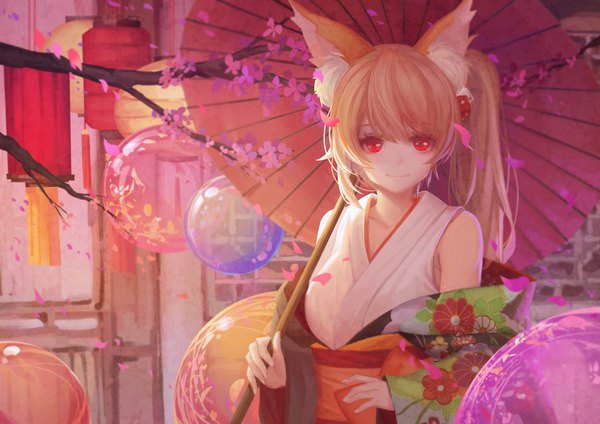 Anime picture 1500x1060 with original youxuemingdie single long hair looking at viewer blonde hair red eyes animal ears upper body traditional clothes japanese clothes light smile fox ears cherry blossoms floral print side ponytail fox girl girl hair ornament petals