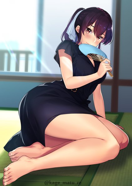 Anime picture 1447x2046 with original kagematsuri single tall image looking at viewer blush fringe short hair breasts light erotic hair between eyes sitting holding brown eyes signed payot purple hair full body ponytail indoors