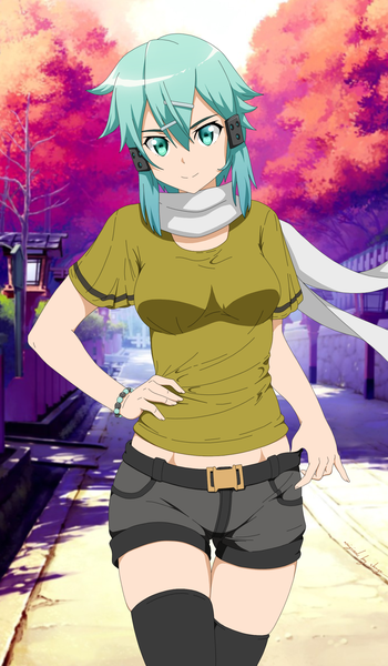Anime picture 1460x2500 with sword art online a-1 pictures asada shino shugo19 single tall image looking at viewer fringe short hair breasts smile hair between eyes standing signed outdoors aqua eyes blurry aqua hair hand on hip street
