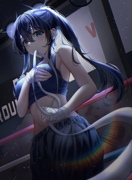 Anime picture 976x1333 with original shayne single long hair tall image looking at viewer blush fringe breasts blue eyes black hair hair between eyes large breasts standing holding payot ponytail from below dutch angle mouth hold