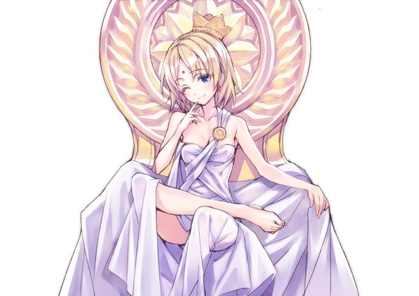 Anime picture 1600x1133 with original matsuryuu single looking at viewer blush short hair blue eyes simple background blonde hair smile white background sitting bare shoulders cleavage one eye closed barefoot wink bare legs finger to mouth buddhism
