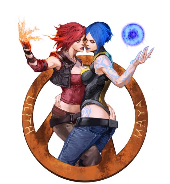 Anime picture 1500x1626 with borderlands borderlands 2 lilith (borderlands) ikeda masateru tall image looking at viewer short hair light erotic bare shoulders multiple girls green eyes yellow eyes blue hair red hair tattoo hug lipstick magic shoujo ai face to face