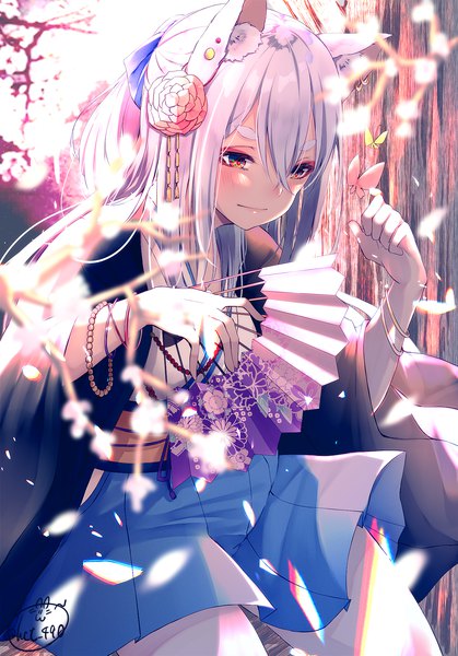 Anime picture 1396x2000 with original chita (ketchup) single long hair tall image blush fringe hair between eyes signed animal ears silver hair ponytail hair flower depth of field fox ears piercing cherry blossoms ear piercing eyebrows multicolored eyes