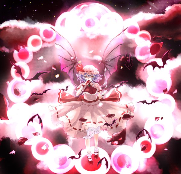 Anime picture 1530x1480 with touhou remilia scarlet moruruberu single looking at viewer short hair red eyes blue hair cloud (clouds) bat wings red moon girl dress animal petals wings frills moon blood bonnet