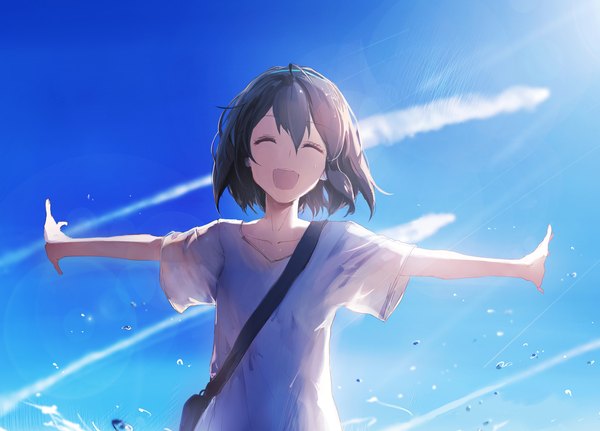 Anime picture 3144x2257 with original sishenfan single fringe highres short hair open mouth black hair smile hair between eyes absurdres sky upper body ahoge eyes closed wet spread arms ^ ^ ^o^ condensation trail