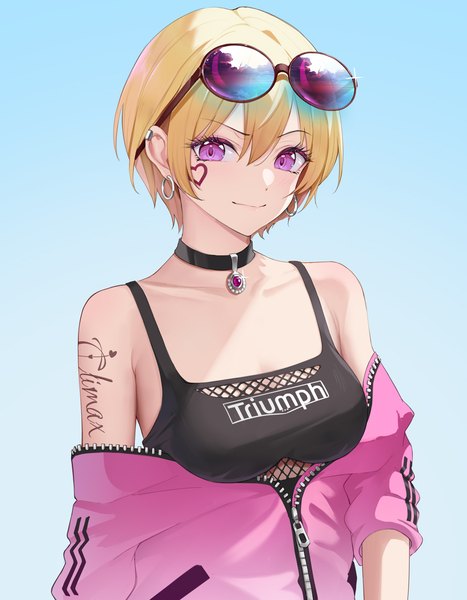 Anime picture 1000x1284 with idolmaster idolmaster shiny colors saijou juri amco single tall image looking at viewer blush fringe short hair breasts simple background blonde hair hair between eyes purple eyes upper body light smile off shoulder sparkle tattoo