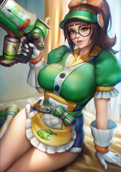 Anime picture 2480x3508 with overwatch blizzard entertainment mei (overwatch) nudtawut thongmai single long hair tall image looking at viewer fringe highres light erotic brown hair holding brown eyes signed payot ponytail indoors blunt bangs parted lips