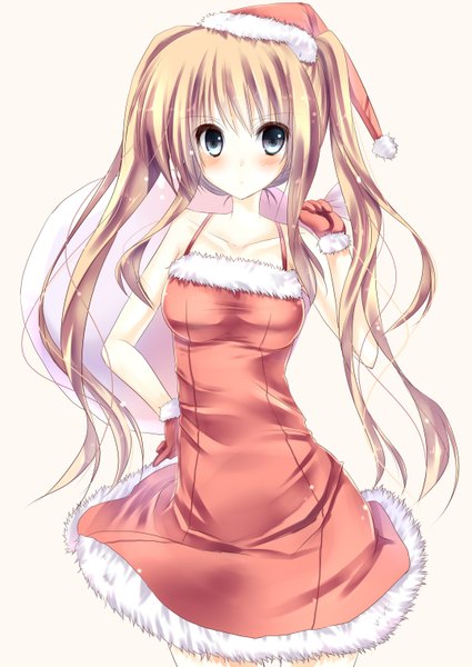 Anime picture 2149x3035 with original amane ruri single long hair tall image looking at viewer blush highres blue eyes simple background blonde hair white background twintails fur trim christmas girl fur santa claus hat santa claus costume