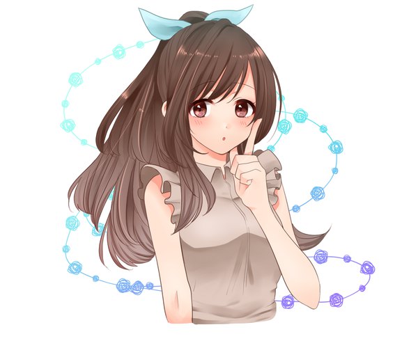 Anime picture 1000x817 with idolmaster idolmaster shiny colors tsukioka kogane mhn single long hair looking at viewer blush fringe open mouth simple background brown hair white background brown eyes upper body ponytail :o sleeveless girl bow